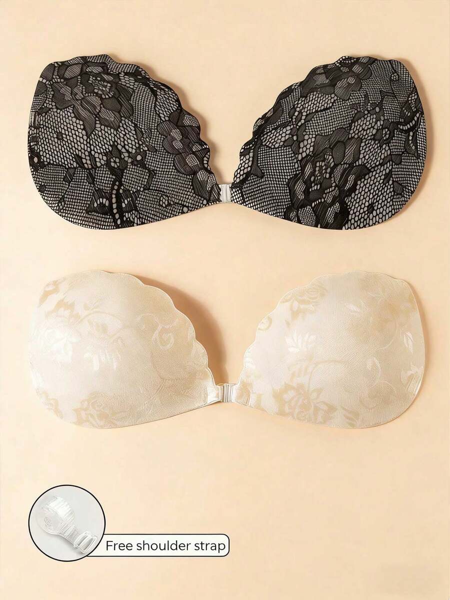 1pc/2pcs/3pcs Lace Invisible Bra Lift Adhesive Silicone Nipple Cover, Front Closure Back Strap Design, Reusable, Suitable For Bikini And Strapless Evening Dress - Black - View 1