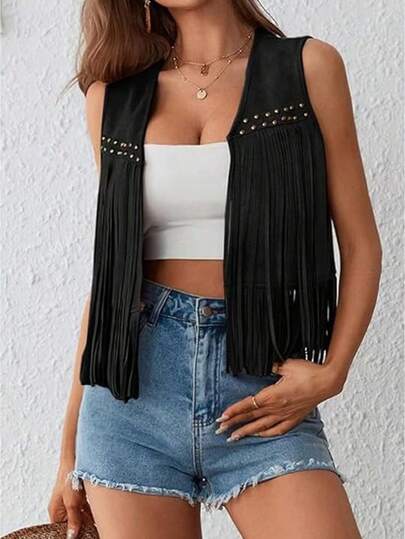 Women's Suede Tassel Vest 70s Hippie Outfit Sleeveless Open Front Vest Western Jacket