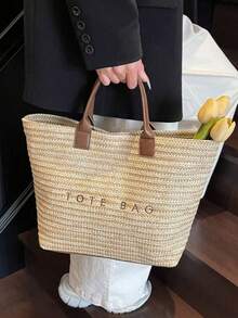 Dedoo Nueva moda Bolso de paja trenzado de gran capacidad con decoración de letras, bolso de paja trenzado multifuncional casual para ir y venir, adecuado para ir al trabajo, compras, vacaciones en la playa y la playa. - Café - Ver 9