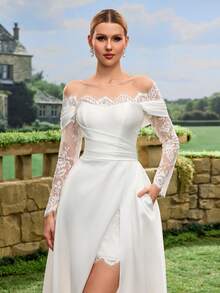 Satin Lace Trim Mermaid Wedding Dress, White Bridal Gown For Church Wedding, Intimate Wedding - White - View 7