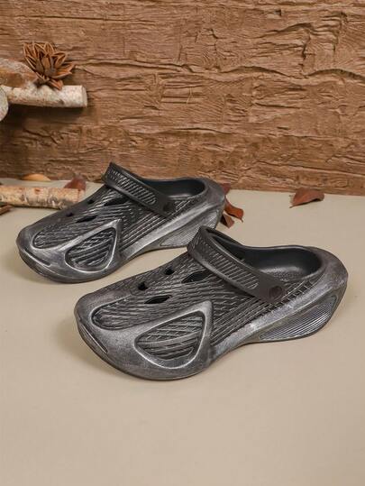 Black Hollow Slip-On Sandals For Men, Soft Sole Sports Coconut Sandals, Outdoor Beach Slide Slippers, Plus Size