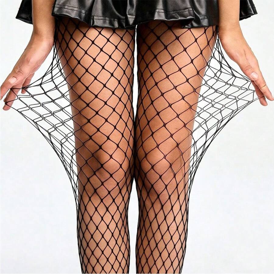 1 Pair Women's Basic Solid Black Fishnet Tights, High Elasticity - Black - View 1