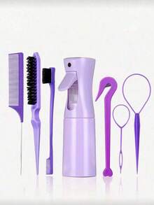 7件套美发造型工具套装，包括：200毫升喷雾瓶、顺发梳、蓬松梳、尖尾梳、发际线梳、编发工具、弹性发圈钳、一次性发圈取下器、卷发圈取下器 - 紫色 - 查看 1