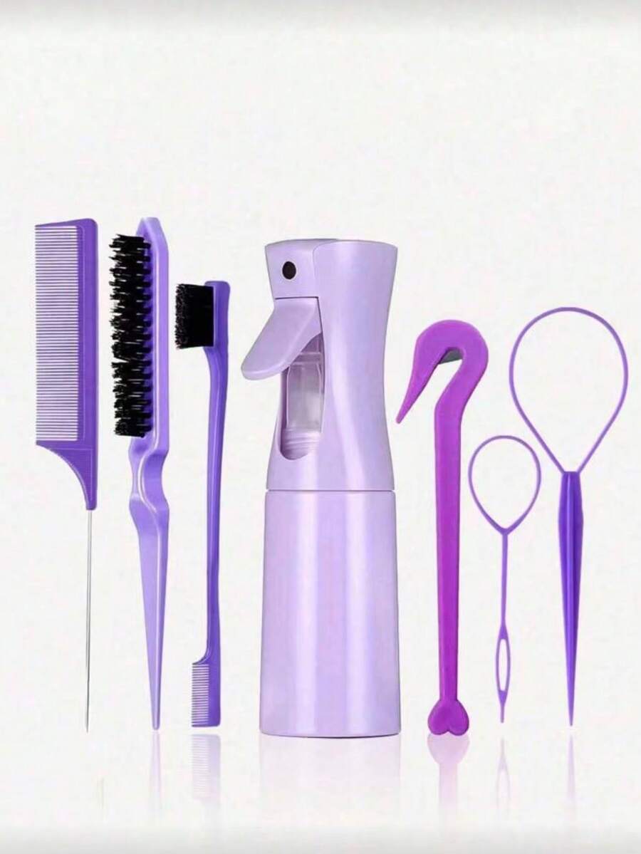 7件套美发造型工具套装，包括：200毫升喷雾瓶、顺发梳、蓬松梳、尖尾梳、发际线梳、编发工具、弹性发圈钳、一次性发圈取下器、卷发圈取下器 - 紫色 - 查看 1