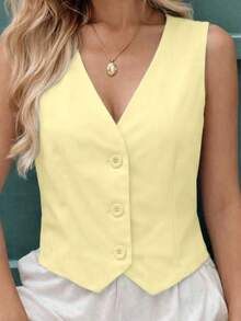 MICHELEE Elegant Women's Vest With V-Neck And Button Closure - Yellow - View 5