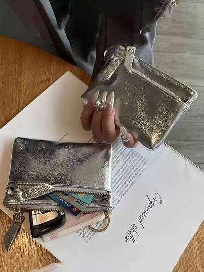 奢华闪亮PU女士零钱包，优雅银色裂纹图案零钱包，PU手提包，PU汽车钥匙包，单肩包，钥匙包，卡包，零钱包，女士现金夹，信封包，三层收纳，旅行配件，女士，完美的节日生日礼物，新年礼物，情人节礼物，周年纪念礼物，母亲节和父亲节礼物，送给家人和朋友。