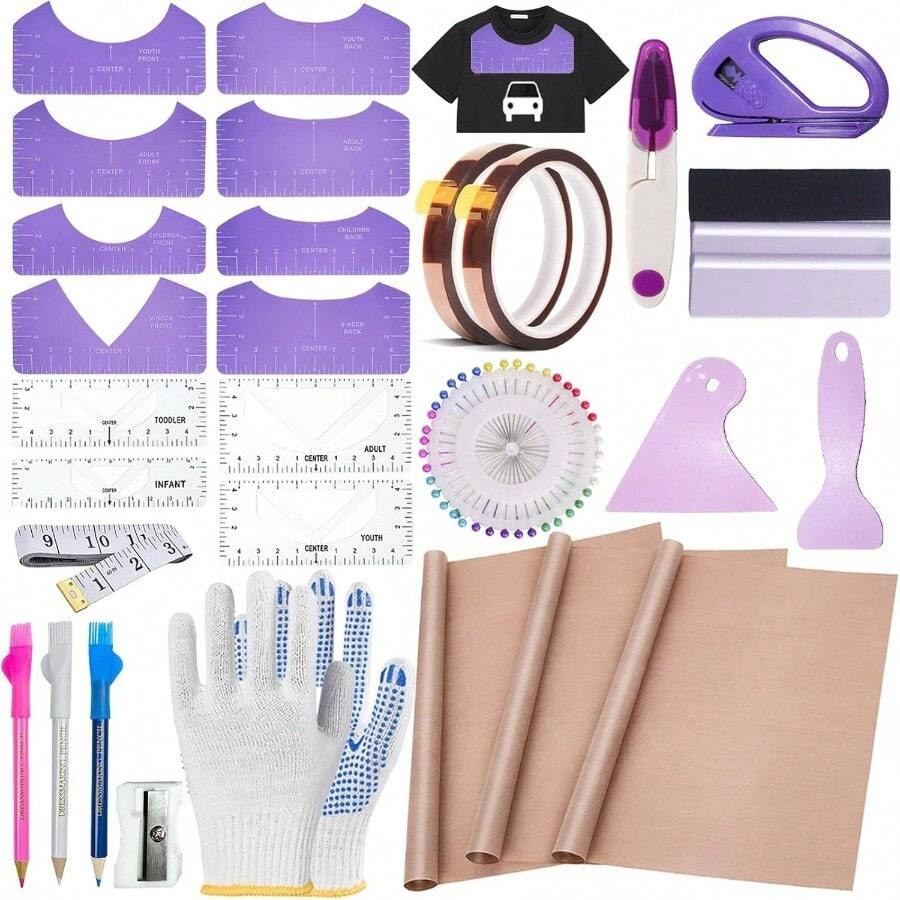 Kit de Herramientas para Camisas de Sublimacin 68 Piezas Juego de Reglas de Medicin de Camisa Reutilizable Alineacin de Cuello Redondo y Cuello en V Regla Gua para Camiseta Hoja de Tefln - Morado - Ver 1