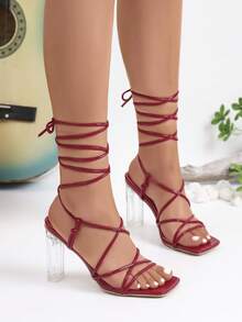 女士方头交叉绑带水晶装饰高跟凉鞋 - 紅色 - 查看 3