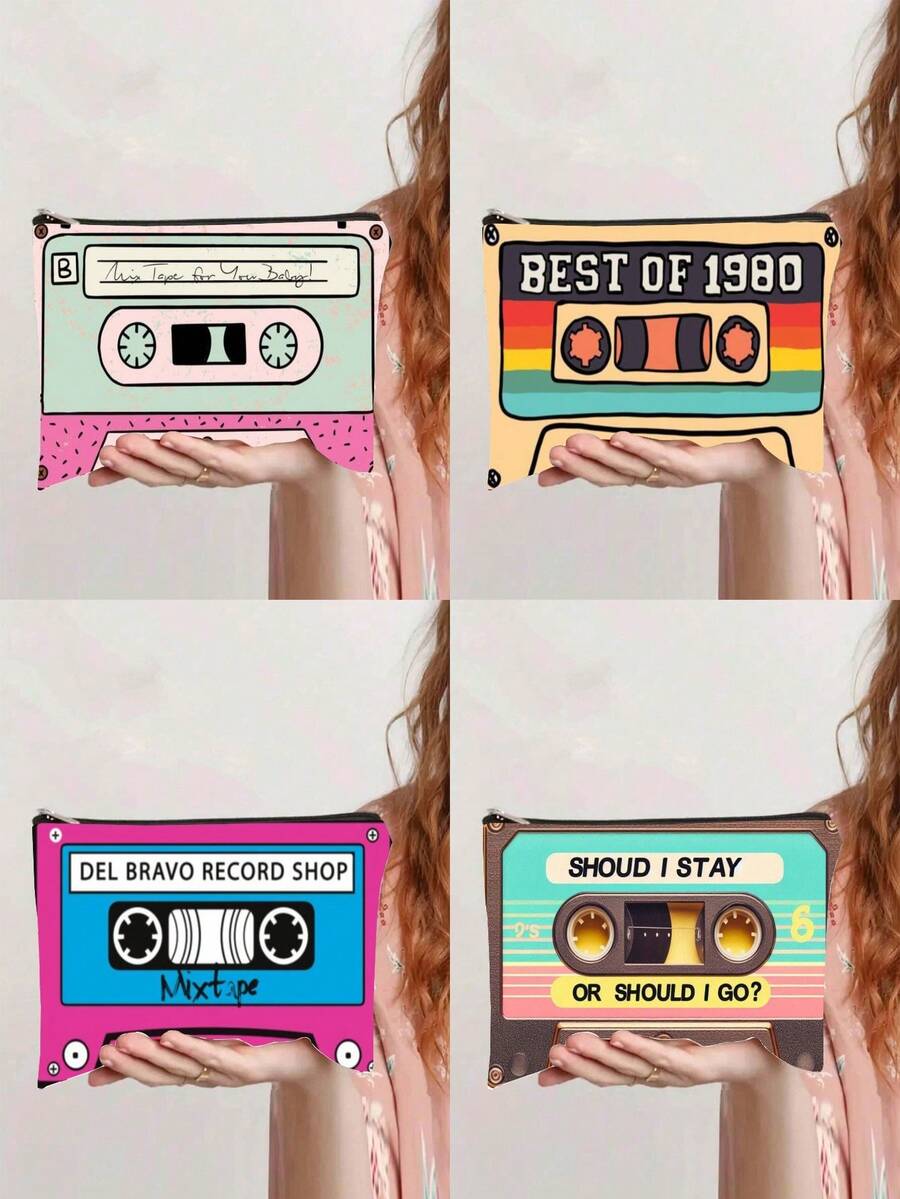 1个复古磁带化妆包 - 80年代怀旧设计，带有磁带图案标签，轻便拉链洗漱收纳包，适合旅行、露营、健身 - 男女通用便携式化妆包，旅行必备，送给家人和朋友的礼物，化妆品收纳洗漱旅行包 - 彩色 - 查看 1