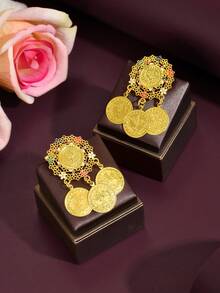 1 Pair Middle Eastern Vintage Coin Decor Metal Brooch, Engraved Flower Design For Formal Dress, Party & Holiday Gift - Old Golden - View 9