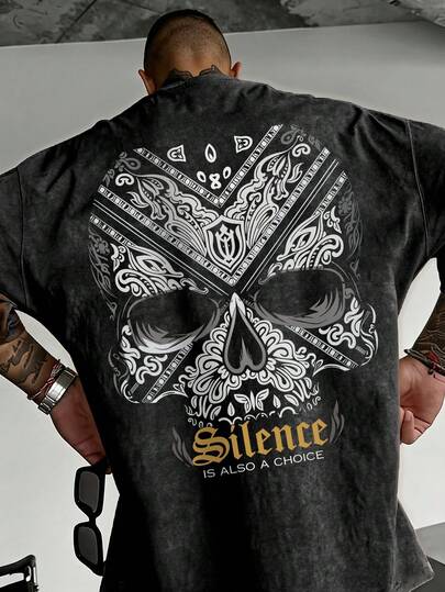 男士复古美式暗黑街头风印花水洗短袖T恤，舒适透气，适合夏季穿着，引领时尚潮流