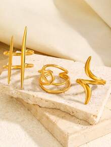 3pcs Stainless Steel 18K Gold Plated Fashion Geometric Asymmetrical Line Design Ring Set, Suitable For Women Everyday, Holiday, Date Wear - Multicolor - View 4