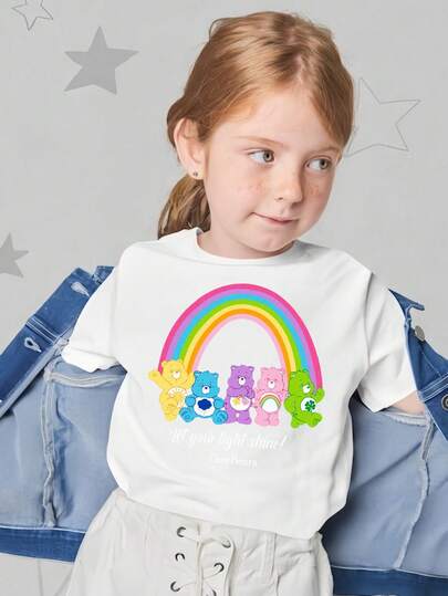 Camiseta de manga corta de estilo casual diario apta para todo el año cómoda y transpirable 100% algodón blanca con diseño de arcoíris y ositos de cuidado infantil grafiti lúdico dibujos infantiles grafitis aesthetic oversize super tierno clásico de la infancia regalo