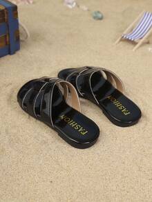 1 đôi dép lê đế bằng tối giản bằng chất liệu PU dành cho trẻ em, thích hợp cho mùa hè. - màu đen - Xem 7