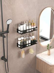 1pc Multifunctional Bathroom Rack, No Drilling Bathroom Shelf With Hooks, Wall-Mounted Storage Rack, Suitable For Shower Gel, Cosmetics, Bathroom Accessories, Bathroom Organizer - Multicolor - View 10