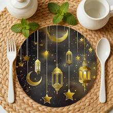 A Complete Set Of Circular Table Mats, Featuring Ramadan Farnas Lanterns, Moon, Stars, And Starlight Patterns, Suitable For Spring, Summer, Autumn, And Winter. It Adopts A Multi-Color Pattern Design And Is Woven From 100% Polyester Fiber. The Size Is 15 * 15 Inches And Can Be Machine Washed With Polyester Placemats - Multicolor - View 8
