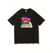 Men's Christmas Shirts Women's Plus Size Thanksgiving Graphic T-Shirt Saiki K Anime Graphic Cotton T-Shirt For Men & Women - High-Quality Summer Hip Hop Tee, Round Neck Casual Style, Machine Washable, 180gM² Lightweight Fabric, Retro T Shirt Heart & Slogan Bodybuilding Top Boyfriend Style Casual Wear Bovfriend Gifts, Graphic Tees,Back To School - 黑色 - 查看 1