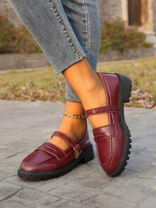 Spring/Autumn New Retro British Style Round Toe Flat Mary Jane Shoes, Versatile - Burgundy - View 5