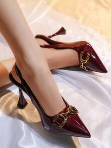 Women's Commute Versatile Metal Buckle Pointed Toe Stiletto Heel Shoes, Elegant Backless Slip-On High Heels - Burgundy - View 1