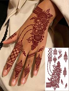 4pcs Full-Hand Floral Henna Tattoo Stickers, Brownish-Red Finger And Toe Tattoo Stickers, Women's Floral Henna Tattoo Stickers, Waterproof Reddish-Brown Body Art Tattoo Stickers, Body Makeup Art Tattoo Stickers, Red Tattoo Stickers Specially For Weddings And Parties. - Red - View 3