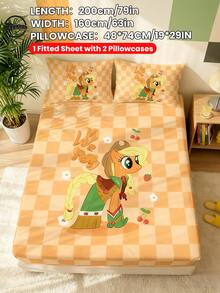 MY LITTLE PONY 2/3件套小马宝莉印花床上用品套装，包含床笠、床垫保护套和1个枕套，柔软透气，保暖舒适，适用于单人床/双人床/大号床/特大号床，可机洗，卡通图案，温馨房间装饰，精美礼品，橙色 - 彩色 - 查看 19