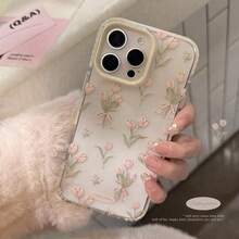 1OIX 1pc Transparent Pink Tulips Flower Design Phone Case For IPhone 16 15 14 13 12 11 Series Shockproof Full Coverage Waterproof Anti Fall Scratch Resistant - 白邊嫩粉花束 - 查看 1