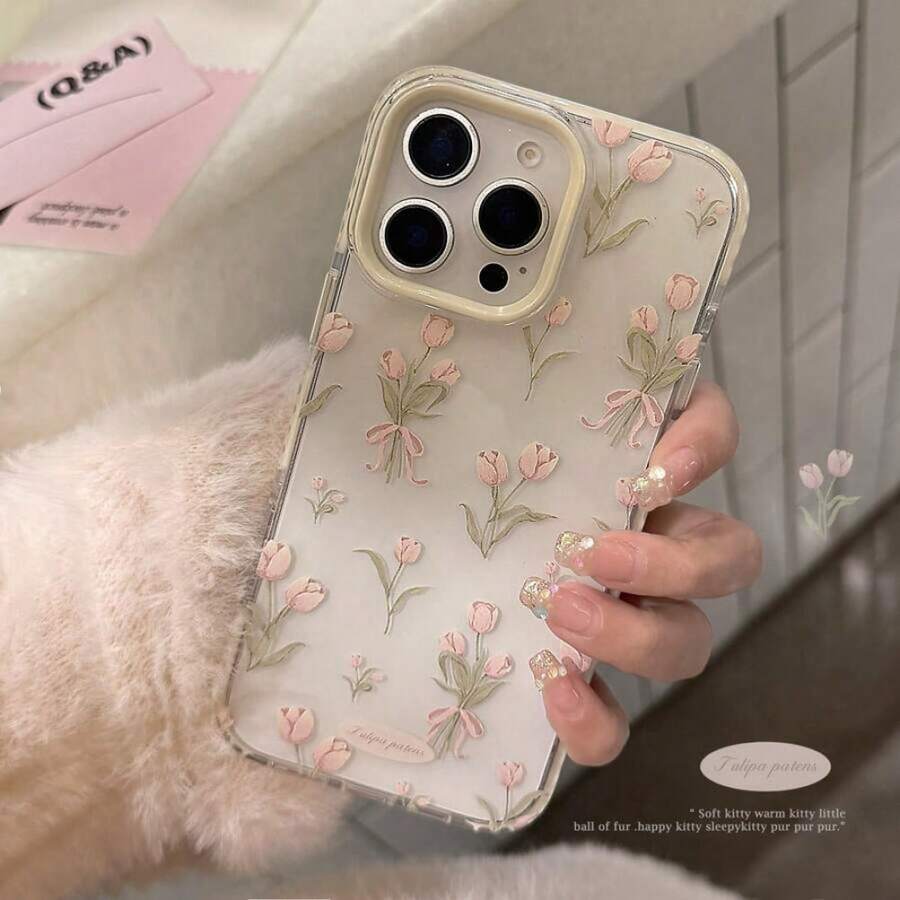 1OIX 1pc Transparent Pink Tulips Flower Design Phone Case For IPhone 16 15 14 13 12 11 Series Shockproof Full Coverage Waterproof Anti Fall Scratch Resistant - 白邊嫩粉花束 - 查看 1