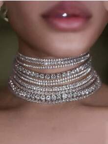 1件时尚优雅全水晶新娘首饰，闪亮单排钻石项链，女士 - 銀色 - 查看 3