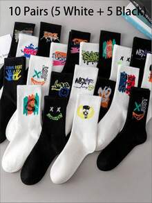 10-Pack Unisex Spring & Summer Mix-And-Match Black & White Graffiti Street Style Casual Socks – , Minimalist, Versatile Mid-Calf Socks For Couples - Multicolor - View 22