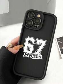 Fashionable, Popular, Personalized, Varsity Number 67 "Six Seven" Typography Pattern Design Theme Luxury Shockproof Aesthetic Cute Phone Case, Soft-Touch Ultimate Grip, Waterproof & Durable, Dirt-Resistant, Bumper Cover With Camera Protection, Compatible With IPhone - Black - View 3