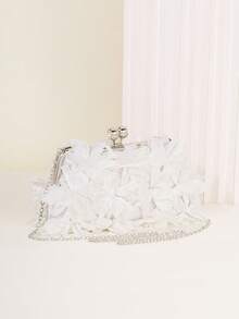 2025 Spring/Summer New White Romantic Wedding Season 1pc White Mesh Ruffle Tassel Clasp Rhinestone Embellished Handbag, High-End Luxury Women's Formal Dress Evening Bag, Bridal Wedding Party Clutch - White - View 2