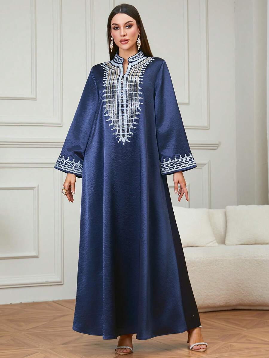 Elegant Women's Ramadan V-Neck Long Kaftan Dress, Fashion Embroidered Robe Suitable For Eid Gathering And Home Wear - Navy Blue - View 1