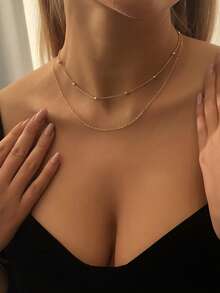 1pc Women's Simple Minimalist Style Double Layer Gold Metal Necklace, Suitable For All Seasons, Casual, Versatile - Gold - View 3