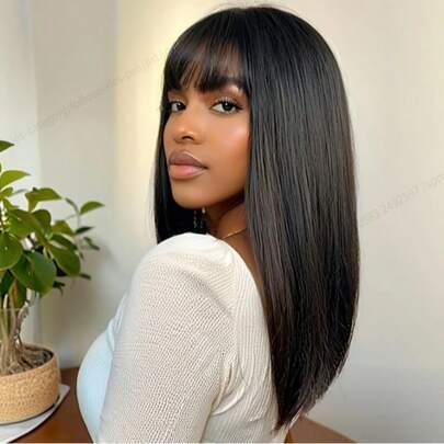 NATAN Elegant Black Synthetic Wig With Bangs - Medium Straight, Heat-Resistant, Natural Look For Cosplay & Daily Wear, 150% Density, Adjustable Cap