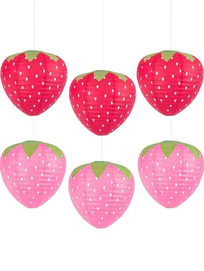 6 unidades Linternas de papel con diseño de fresa en rojo y rosa, linternas de papel, linternas con diseño de fresa, lámparas de linternas de papel, diseño plegable chino, para fiestas con tema de bosque y selva, cumpleaños, bodas, baby shower, decoración de jardín, pantalla de lámpara de techo para decoración de fiestas