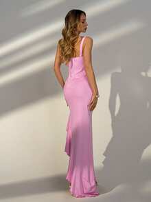 优雅粉色吊带无袖不对称荷叶边下摆连衣裙，饰有蕾丝点缀——甜美风格，是婚礼宾客、约会、休闲外出、海滩度假、夏季假期、毕业派对等场合的理想之选。 - 粉色 - 查看 2