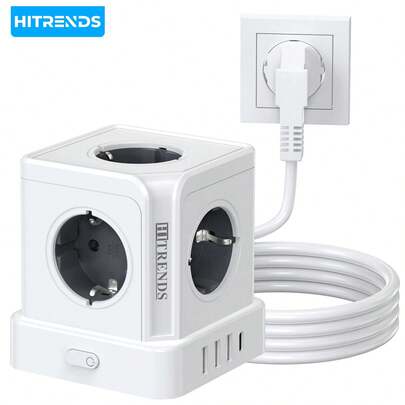  HITRENDS 9-In-1 Multifunctional Power Strip, 3680W High Power, Supports 5 AC Outlets And 4 USB Fast Charging Ports (Including Type-C), Single Charging Power 15.5W, With Multiple Safety Protections, Ideal Power Expansion Solution For Home, Office And Travel