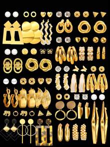 46/24/22/12件套几何结、心形、蝴蝶、扭绳、水钻、仿珍珠、方形、豹纹、镂空、大象、光滑、简约吊坠耳环套装，时尚、优雅、复古，适合节日、派对、约会、送礼、日常佩戴 - 金黃色 - 查看 1