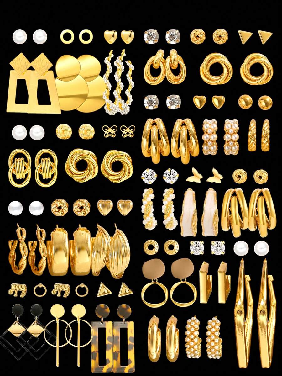 46/24/22/12件套几何结、心形、蝴蝶、扭绳、水钻、仿珍珠、方形、豹纹、镂空、大象、光滑、简约吊坠耳环套装,时尚、优雅、复古,适合节日、派对、约会、送礼、日常佩戴 - 金黃色 - 查看 1