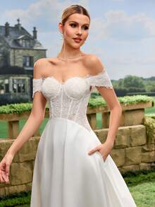 Off-The-Shoulder Lace Satin Flowing Elegant Romantic Luxurious High-End Bridal Wedding Dress, White, Suitable For Church, Hotel, Garden, Beach Weddings, Classic Royal Wedding Gown - White - View 7
