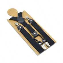 2.5cm Wide X-Back Elastic Suspenders With Snap Button Closure, Vintage Style Adjustable Suspenders For Men And Women, Leather Decor, Suitable For Weddings And Parties - Black - View 1