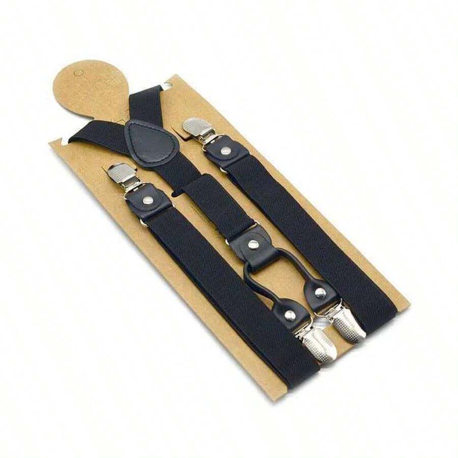 2.5cm Wide X-Back Elastic Suspenders With Snap Button Closure, Vintage Style Adjustable Suspenders For Men And Women, Leather Decor, Suitable For Weddings And Parties - Black - View 1