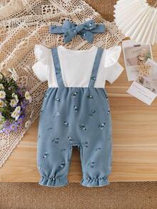 Baby Girl Patchwork Contrast Color 2 In 1 Outfit With 3D Bow & Ditsy Floral, Includes Headband - Blue - View 2