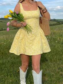 Butter Yellow Textured Mini Dress | Square Neck Flowy Dress For Picnic & Vacation - Yellow - View 3