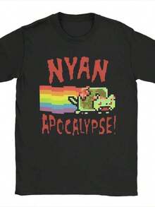 Men's Fashion Print Casual T-Shirt, Men's Nyan-Cats Apocalypse Game T-Shirts Funny Internet Meme Pure Cotton Merch Novelty Short Crew Round Neck Top Comfortable Round Neck With Fun Cartoon Prints For Casual Attire And Gifts - 黑色 - 查看 8