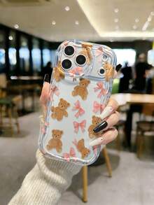 Cream Textured Wavy Edge Glossy Bow Teddy Bear Painted Anti-Drop Phone Case Compatible With IPhone, Galaxy, Redmi - Multicolor - View 2