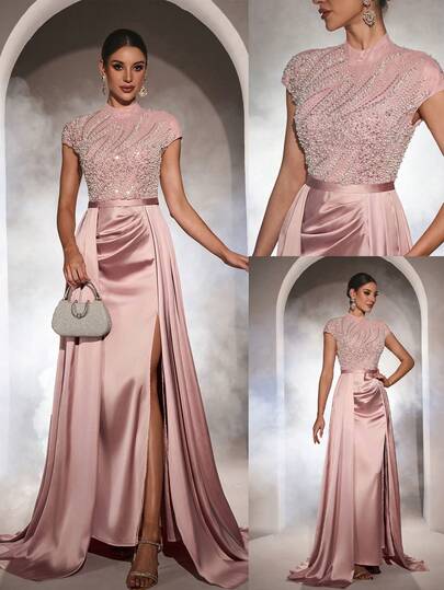 Women's Solid Color Stand Collar, Flutter Sleeve, Heavily Embroidered Beaded, Satin Hem Splice, Pleated Design, Sequins Detail, Dragging Tail Elegant Long Soft Dress, Suitable For Formal Occasions Such As Evening Party, Banquet, Wedding