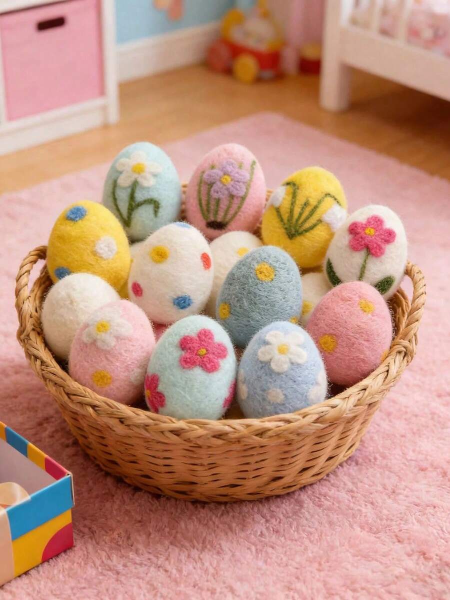 1/4 piezas Huevos de Pascua de fieltro de lana hechos a mano - Huevos de Pascua decorativos con textura y coloridos con patrones florales y de conejitos, decoraciones artesanales adecuadas para decoración de mesa, habitación, colgantes en el árbol de Navidad, decoración de canasta, decoración de bandeja escalonada, manualidades, exhibición de Pascua, decoración de fiesta y decoración del hogar de primavera