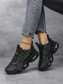 Women's Casual Sneakers, 2026 New Thick Sole Increase Height Non-Slip Low-Top Round Toe Lace-Up Knitted Mesh Breathable Anti-Sweat Anti-Odor Unisex Black & White Patchwork Outdoor Sports Comfortable Couple Shoes, Thick Sole Shock-Absorbing Big Bottom Soft Elastic Increase Height Simple Comfortable Unisex Sports Shoes - Black - View 11