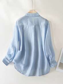 女士休闲通勤褶皱纹理面料前短后长宽松落肩长袖衬衫 - 淺藍色 - 查看 2